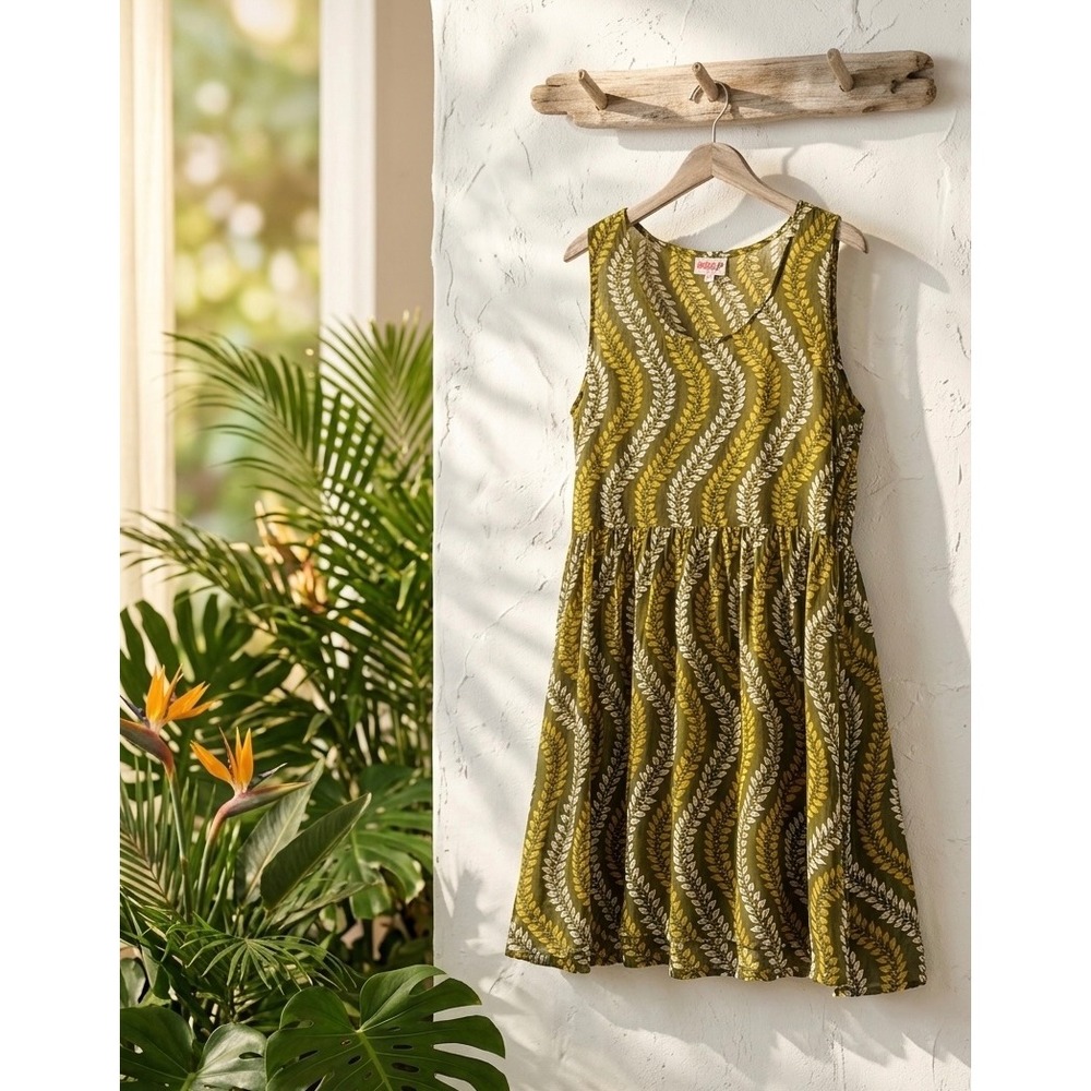 Hula Bay Hawaii 2XL Tropical Leaf Print Sundress Olive Gold Drop Waist Boho